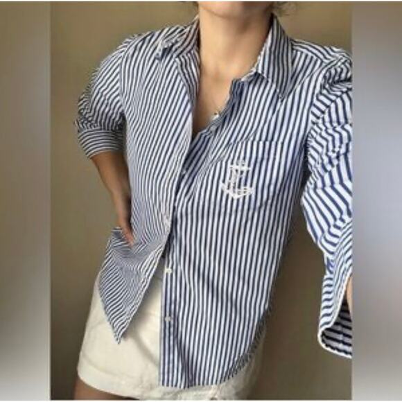 VTG Ralph Lauren XL Crest Button Up White Blue Stripe Cotton Shirt Nautical - Picture 1 of 13